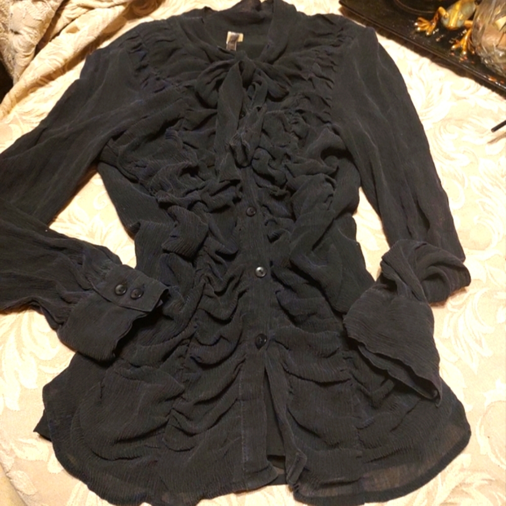 🐦⬛🖤🐦⬛ Divine Vintage Genuine Silk Black Sheer Ruffled Bow Blouse Top - 12 - Picture 11 of 16